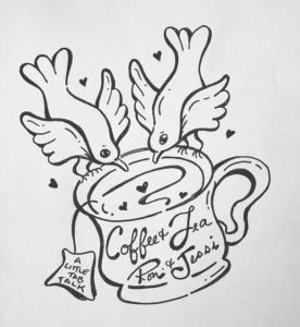 Drawing of two birds and a coffee cup